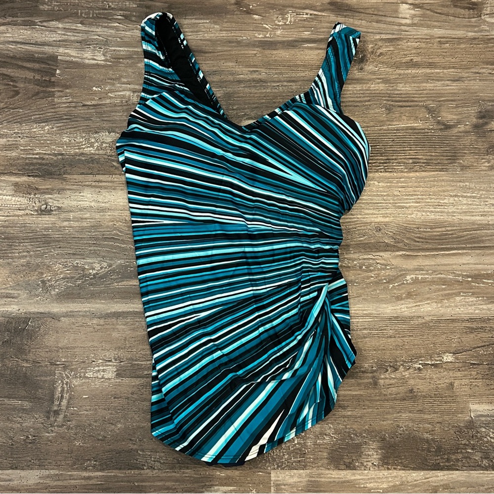 Swimsuits For All size 16 one piece swim dress teal black stripes